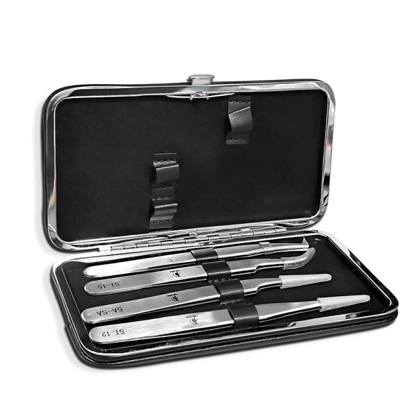 Estuche Negro con 4 Pinzas para Pestañas