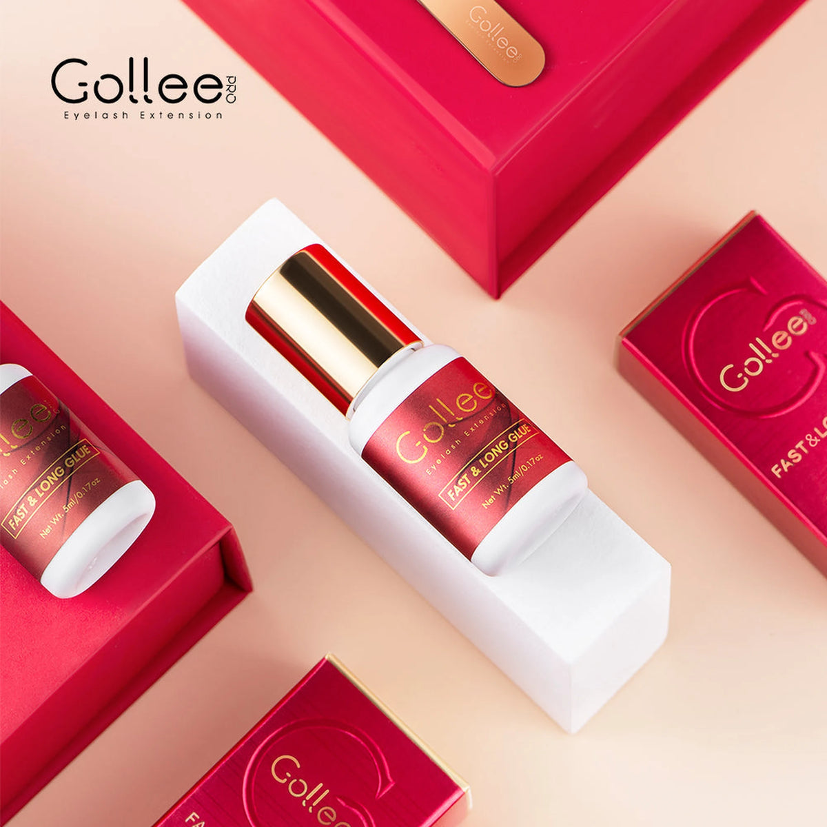Frasco del adhesivo Gollee Rojo junto a su caja roja
