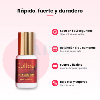 Adhesivo Gollee Rojo: seca en 1 a 2 segundos, retención de 6 a 7 semanas, fijación fuerte y flexible y bajo olor