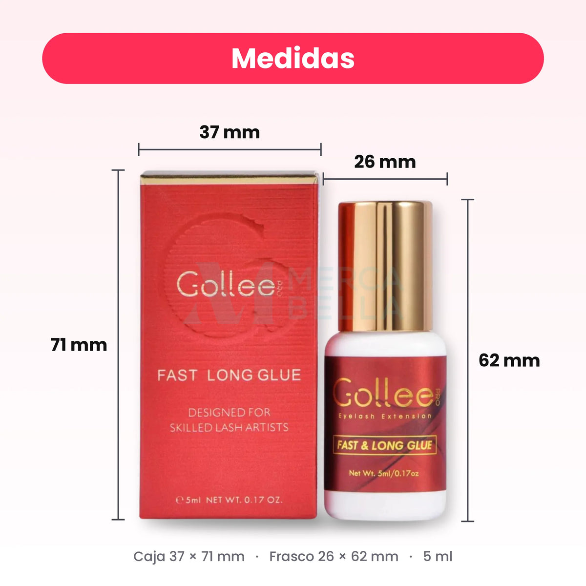 Medidas del adhesivo Gollee Rojo: caja de 37 × 71 mm y frasco de 26 × 62 mm