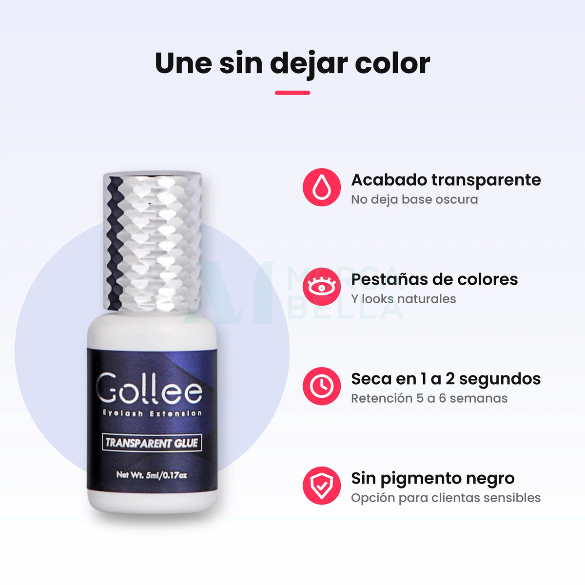 Adhesivo Gollee Transparente: acabado sin color, ideal para pestañas de colores, seca en 1 a 2 segundos y sin pigmento negro