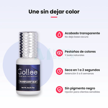 Adhesivo Gollee Transparente: acabado sin color, ideal para pestañas de colores, seca en 1 a 2 segundos y sin pigmento negro