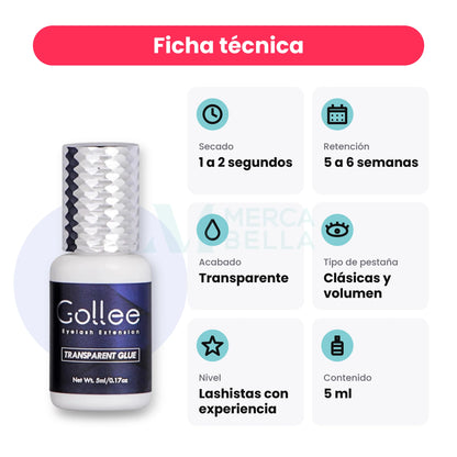 Ficha técnica del adhesivo Gollee Transparente: secado, retención, acabado, tipo de pestaña, nivel y contenido de 5 ml