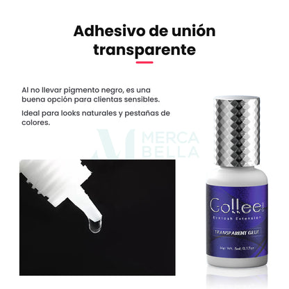 Gota transparente del adhesivo Gollee: sin pigmento negro, opción para clientas sensibles y looks naturales